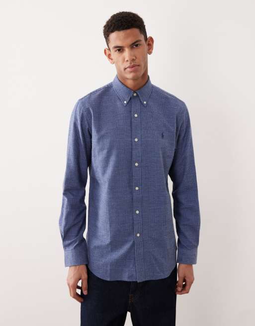 Polo Ralph Lauren - Chemise ajustée en sergé brossé avec logo emblématique et motif pied-de-poule - Bleu chiné