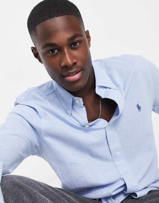 Polo Ralph Lauren - Chemise boutonnée en piqué avec logo emblématique - Bleu chiné