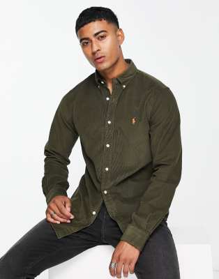 Polo Ralph Lauren - Chemise coupe slim à boutons en velours milleraies avec logo - Vert foncé