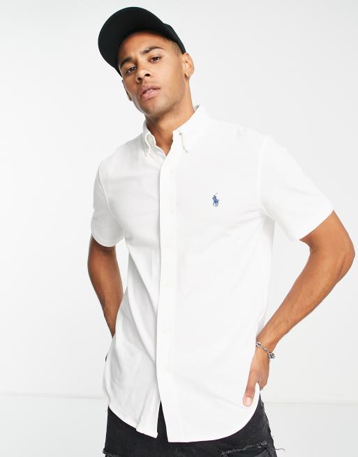 Polo Ralph Lauren - Chemise coupe slim em piqué à manches courtes et logo joueur de polo - Blanc