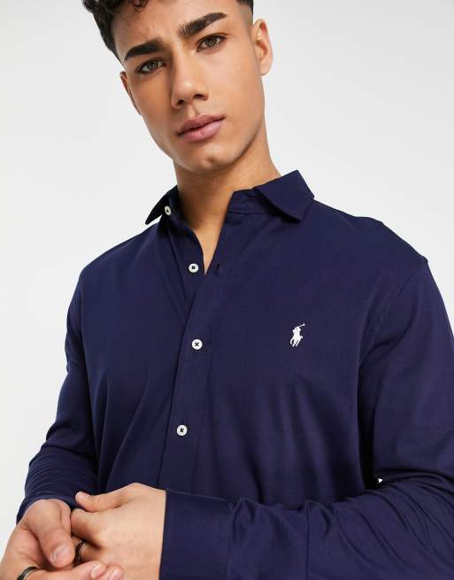 Polo Ralph Lauren - Chemise de sport en jersey à logo emblématique et col  en pointe - Bleu marine | ASOS