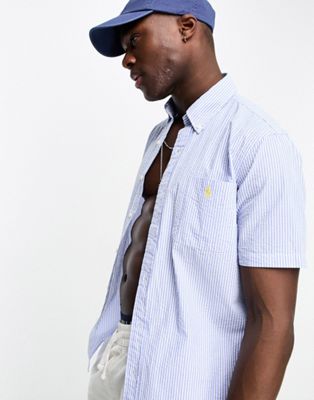 Polo Ralph Lauren short sleeve stripe seersucker shirt custom fit in blue/white - ASOS Price Checker