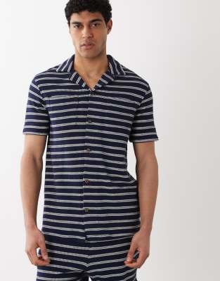 Polo Ralph Lauren - Chemise manches courtes en maille à rayures - Bleu marine/crème