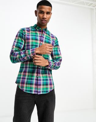 Polo Ralph Lauren icon logo slim fit check oxford shirt in green/purple - ASOS Price Checker
