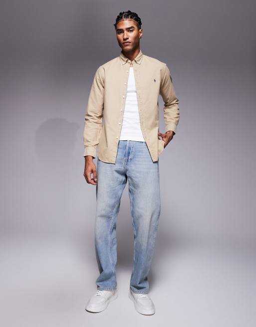 Polo Ralph Lauren - Chemise Oxford ajustée teinte en pièce à logo emblématique - Fauve, 2 de 5
