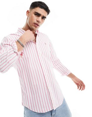 Polo Ralph Lauren icon logo stripe oxford shirt custom regular fit in pink/white - ASOS Price Checker