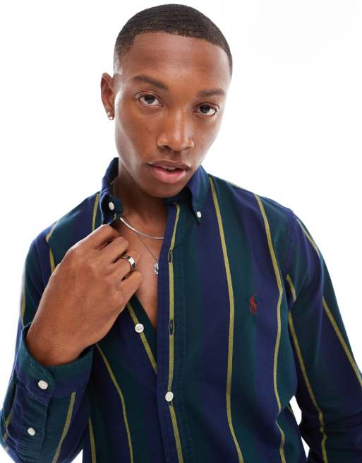 Polo Ralph Lauren Chemise Oxford classique oversize a rayures style universitaire et logo emblematique Bleu marine et vert multicolore