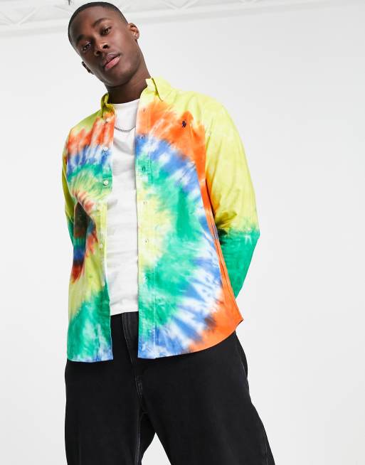 Polo Ralph Lauren Chemise Oxford coupe classique effet tie dye avec logo emblematique Bleu vert multicolore