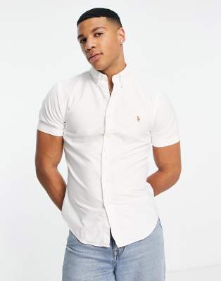 Polo Ralph Lauren icon logo slim fit short sleeve oxford shirt in white - ASOS Price Checker