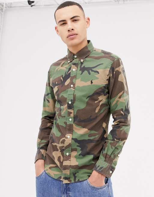 Polo Ralph Lauren - Chemise oxford coupe slim boutonnée à imprimé camouflage et logo joueur de polo - Vvert