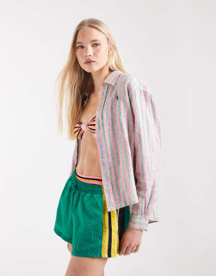 Polo - Chemise rayée coupe carrée en lin à logo emblématique - Rouge et vert-Multicolore XS