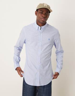 Polo Ralph Lauren - Chemise slim en popeline stretch à motif pied-de-poule et logo emblématique - Bleu clair