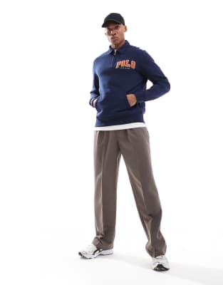 Polo Ralph Lauren Chenile Applique Logo Fleece Half Zip Sweatshirt In Navy