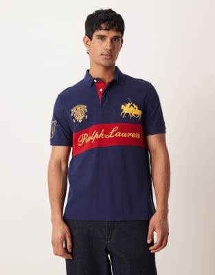 Polo Ralph Lauren Men's Navy Chest Panel Crest Logo Pique Polo In
