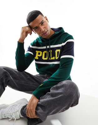 Polo Ralph Lauren chest stripe logo hooded heavyweight cotton knit jumper in dark green