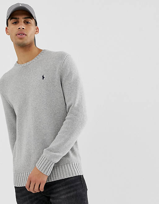 Polo Ralph Lauren chunky cotton knit jumper with crew neck in grey marl ...