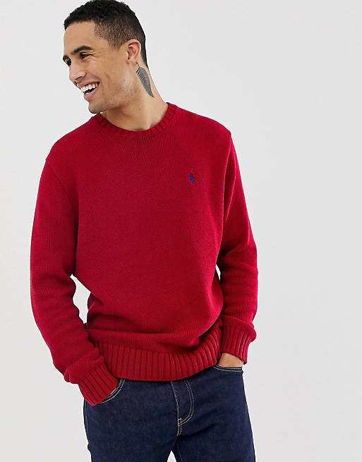 Polo Ralph Lauren chunky cotton knit jumper with crew neck in red | ASOS