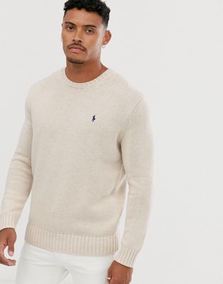 Polo Ralph Lauren chunky knitted jumper in beige with player logo