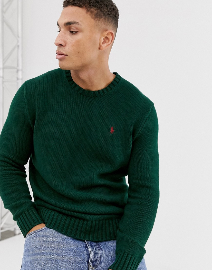 Polo Ralph Lauren chunky knitted jumper in green with player logo
