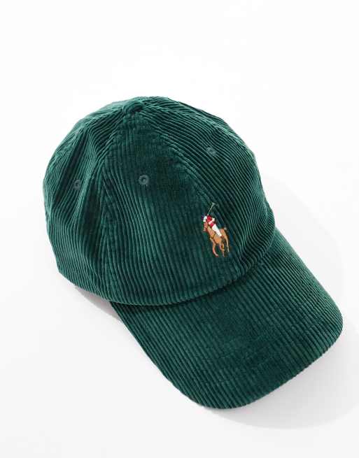 Polo Ralph Lauren – Ciemnozielona baseballowa czapka sztruksowa z daszkiem i logo