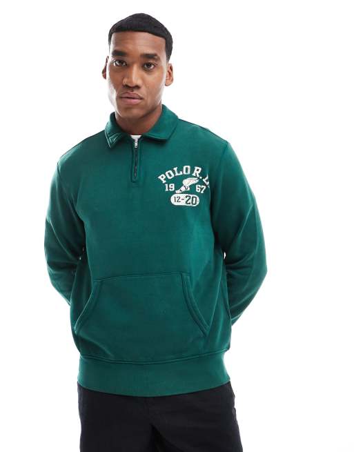 Polo Ralph Lauren – Ciemnozielona bluza rugby w stylu retro z logo i zamkiem pod szyją
