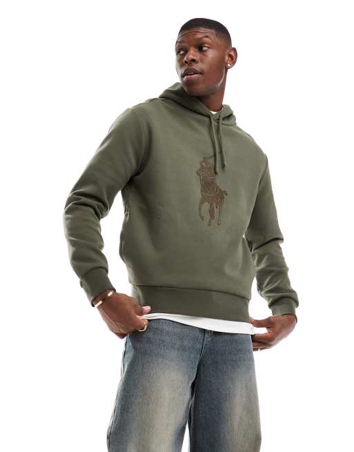 Polo Ralph Lauren – Ciemnozielona bluza z kapturem z dzianiny o podwójnym splocie z dużym logo z graczem