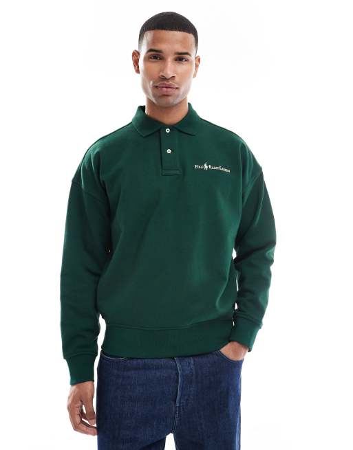 Polo Ralph Lauren – Ciemnozielona gruba bluza w stylu rugby o luźnym kroju z logo