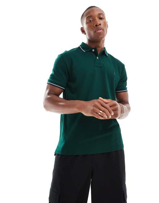 Polo Ralph Lauren – Ciemnozielona koszulka polo z piki z lamówkami i logo