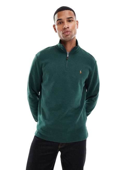 Polo Ralph Lauren – Ciemnozielona melanżowa bluza z dzianiny z suwakiem pod szyją i logo