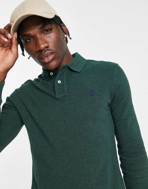 Polo Ralph Lauren – Ciemnozielona melanżowa koszulka polo o dopasowanym kroju z długimi rękawami z piki z logo
