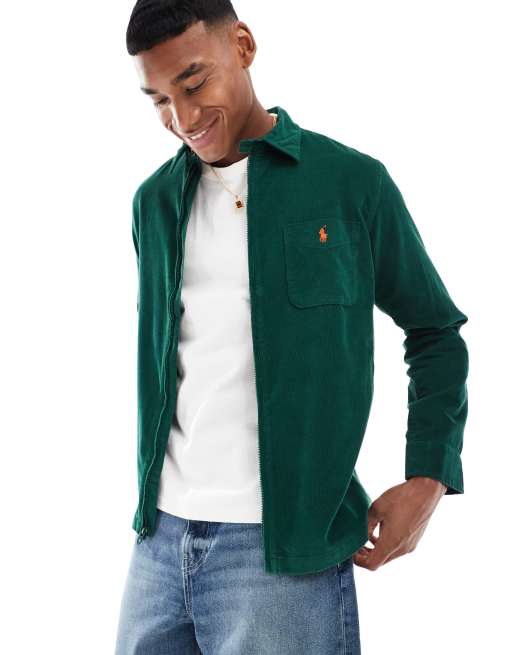 Polo Ralph Lauren – Ciemnozielona sztruksowa koszula wierzchnia oversize z zamkiem z przodu i zapięciem na zamek