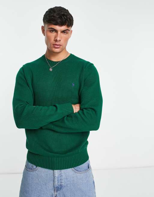 Polo Ralph Lauren – Ciemnozielony sweter z grubej bawełnianej dzianiny z logo