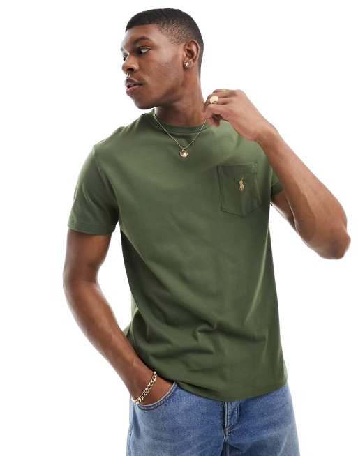 Polo Ralph Lauren – Ciemnozielony T-shirt o klasycznym fasonie oversize z kieszenią z logo