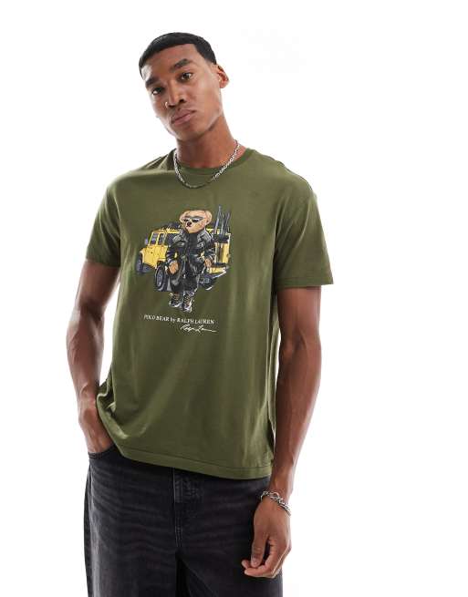 Polo Ralph Lauren – Ciemnozielony T-shirt oversize z nadrukiem misia z samochodem terenowym