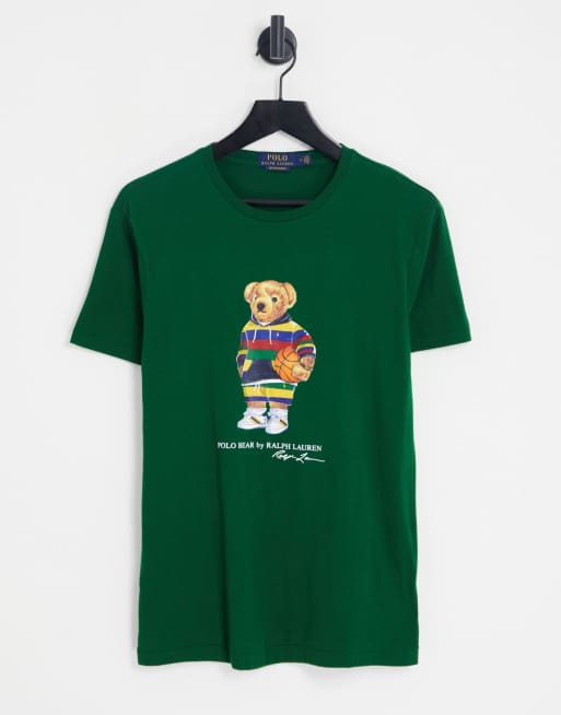 Polo Ralph Lauren – Ciemnozielony T-shirt z nadrukiem misia grającego w koszykówkę