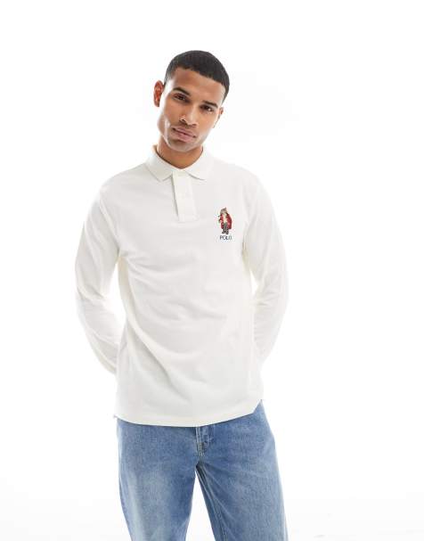 Polo Ralph Lauren – Classic – Beżowa koszulka polo oversize z piki z długim rękawem, nadrukiem z misiem w świątecznym stylu i logo - view 1