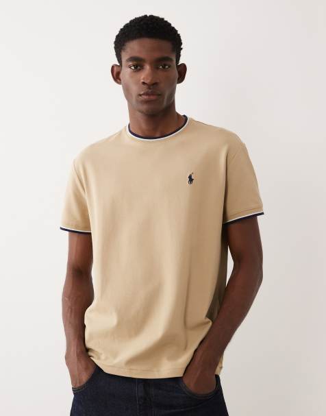 Polo Ralph Lauren classic fit icon logo tipped collar pique mesh t-shirt in beige