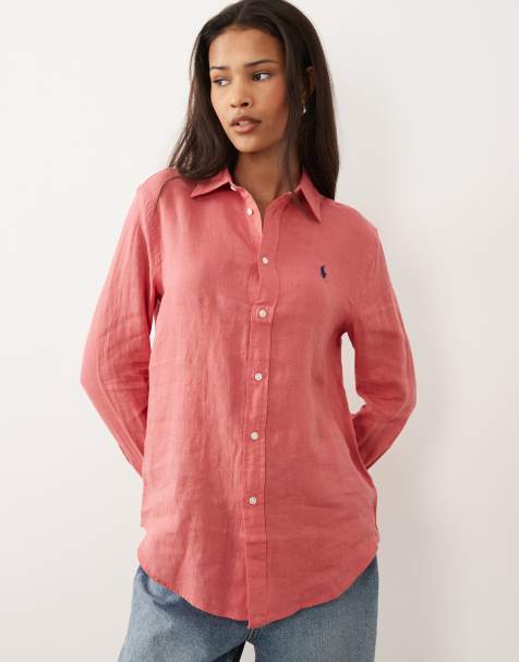 Polo Ralph Lauren classic linen long sleeve button up shirt in red - view 1