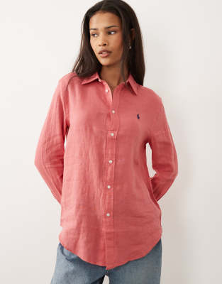 Polo Ralph Lauren Women's Red Classic Linen Longsleeve Button Up Shirt In