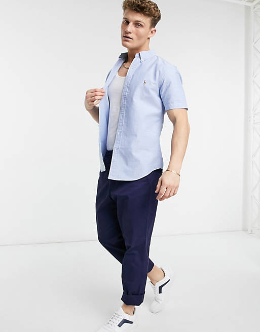 Polo Ralph Lauren classic oxford player logo short sleeve shirt button down custom regular fit in blue