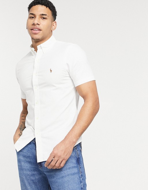 Polo Ralph Lauren classic oxford player logo short sleeve shirt button down slim fit in white