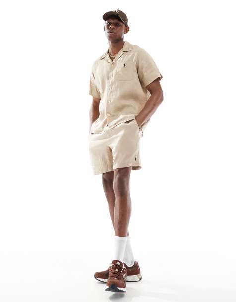 Polo Ralph Lauren - Co-ord set van klassiek overhemd met oversized pasvorm, icoonlogo, korte mouwen en reverskraagje en shorts in beige - view 1