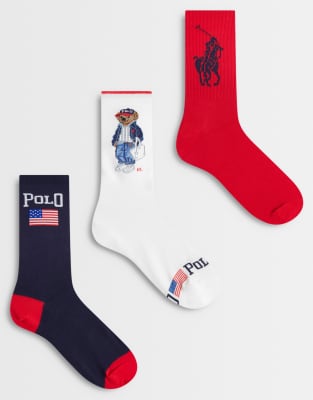 Polo Ralph Lauren - Coffret cadeau avec 3 paires de chaussettes à motif ours - Bleu marine, blanc et rouge-Multicolore