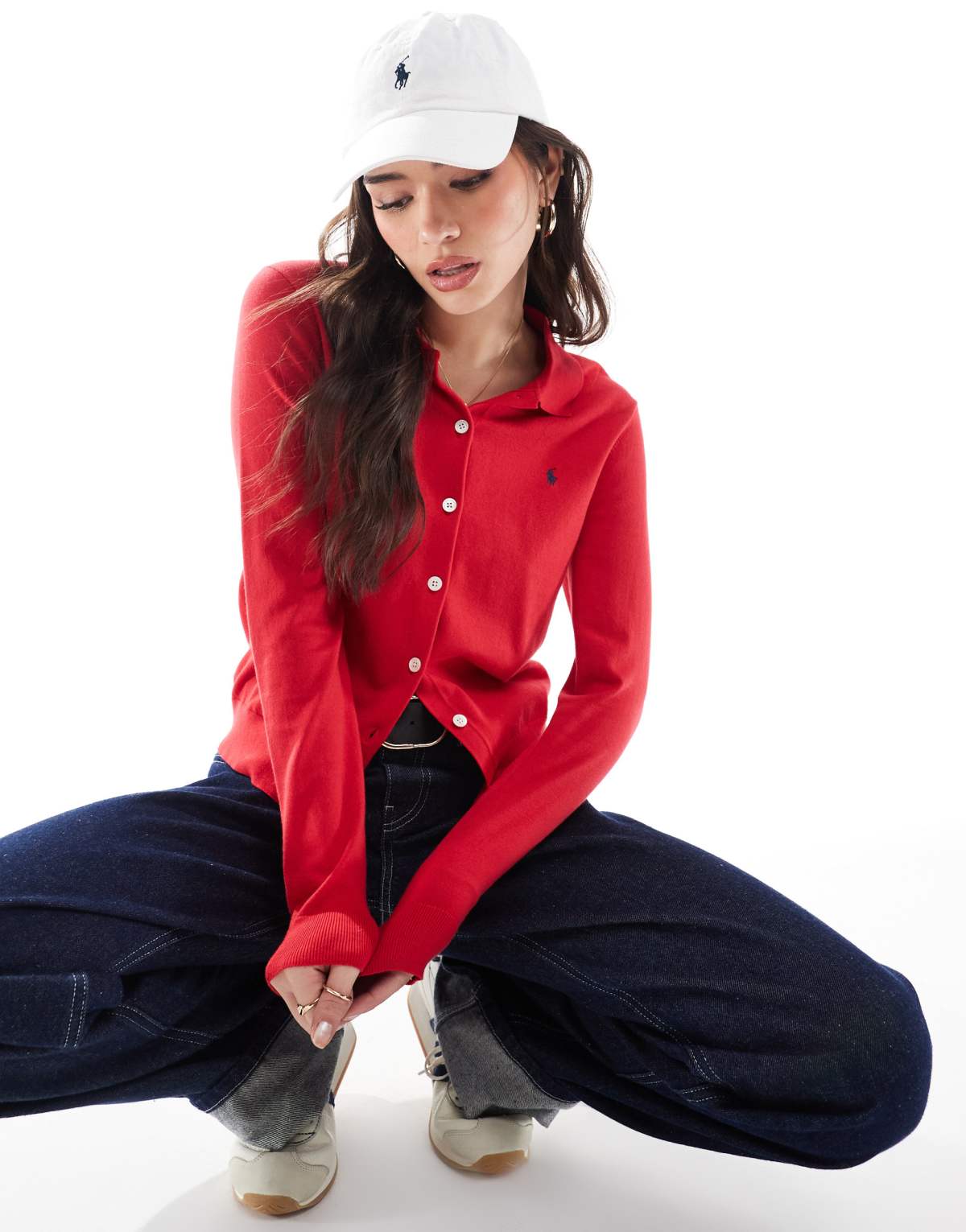 Polo Ralph Lauren collared button front cardigan with logo in red