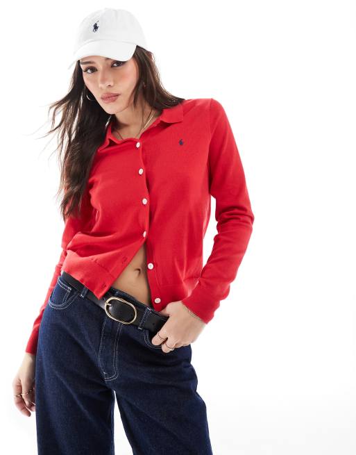 Polo Ralph Lauren collared button front cardigan with logo in red, 4 of 4