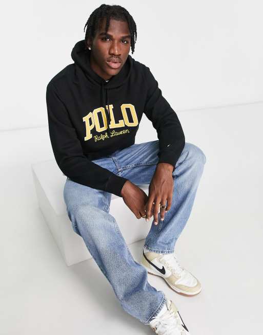 Polo Ralph Lauren collegiate logo fleece hoodie in black