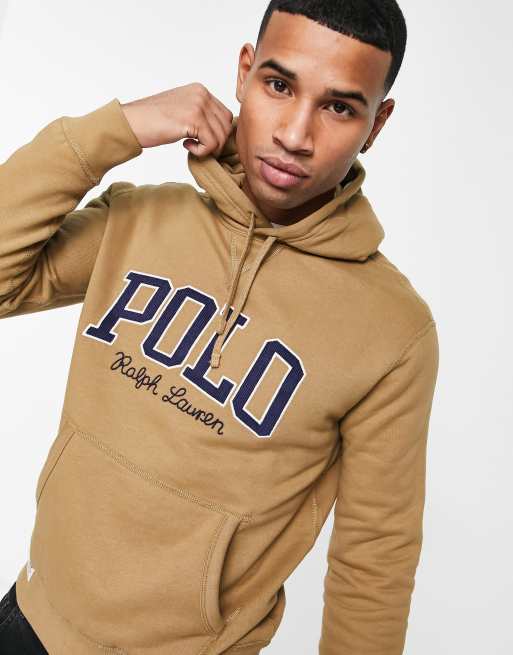 Polo Ralph Lauren collegiate logo fleece hoodie in khaki beige | ASOS