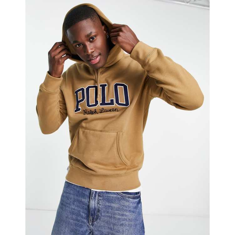 Polo Ralph Lauren collegiate logo fleece hoodie in khaki beige | ASOS