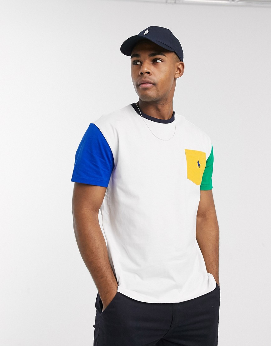 Polo Ralph Lauren color block player logo pocket t-shirt in multi-White