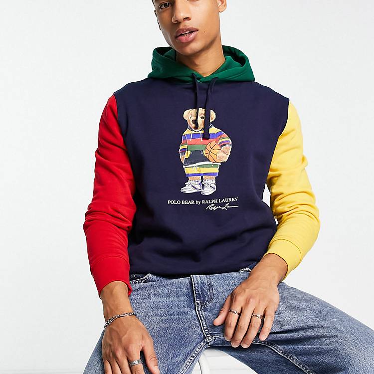 Polo Ralph Lauren colourblock hoodie bear print in navy colour block | ASOS